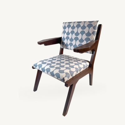 Chair with wooden frame and patterned fabric seat and backrest on a white background